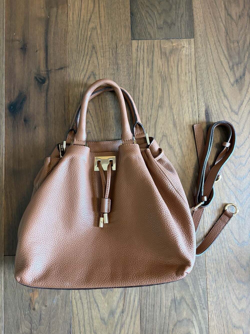 Boden Brown Pebble Leather Drawstring Bucket Bag with Top Handles and Crossbody